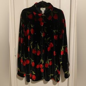 Quacker Factory Vintage Black Velour Cherry Print Button Down Shirt Size 2X